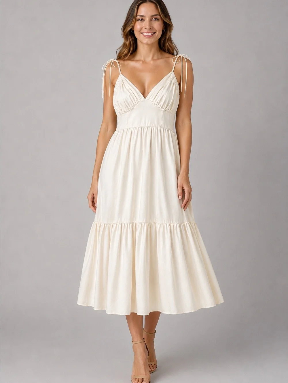Abercrombie & Fitch Tie-Strap Tiered Maxi Dress Ivory 100% Cotton MP